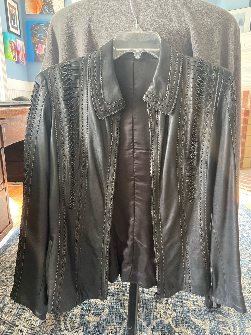 Black Women's Leather Jacket with Braided Trim Accents